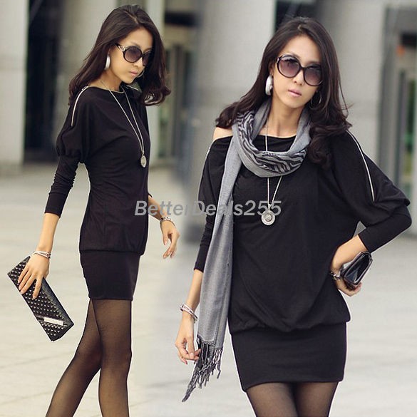 Womens Korea Batwing Off Shoulder Tops Zip Shirt Mini Dress 2 Colors 