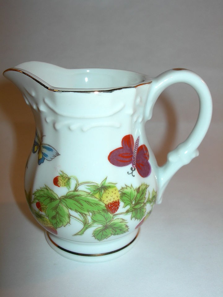 VINTAGE ARDALT PORCELAIN STRAWBERRY CREAMER BUTTERFLIES AND LADYBUGS 