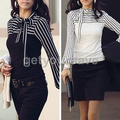 Korea Womens Polo Neck Puff Long Sleeve Stripe T Shirt Tops Blouses 