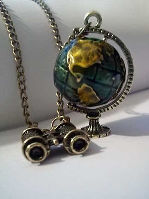 Unique Mini Vintage Rotating World Globe & Binoculars Charm Pendant 