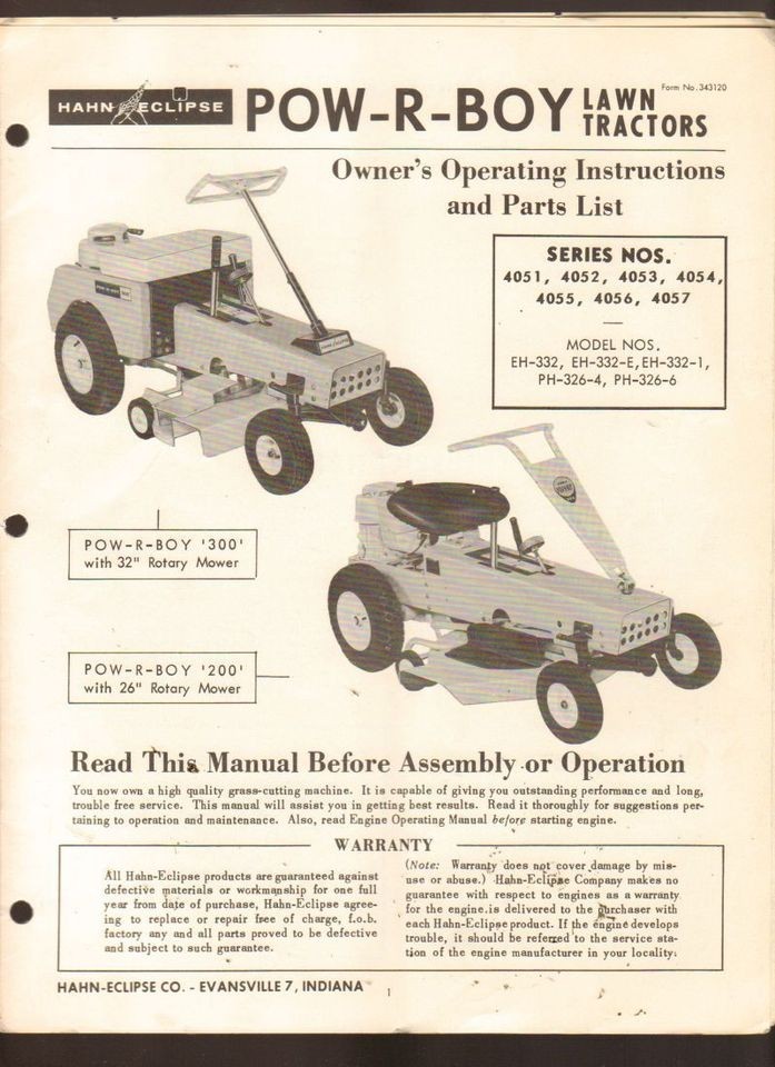   Hahn Eclipse Lawn Mower Pow R Pro 4051 Instructions Parts List