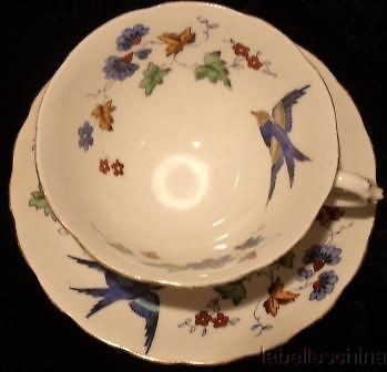 Tuscan Teacup and Saucer HPT Bluebirds and Stylized Florals heavy gilt 
