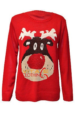   CHRISTMAS JUMPER REINDEER GLITTER RED RUDOLPH NOVELTY JUMPERS 8 14