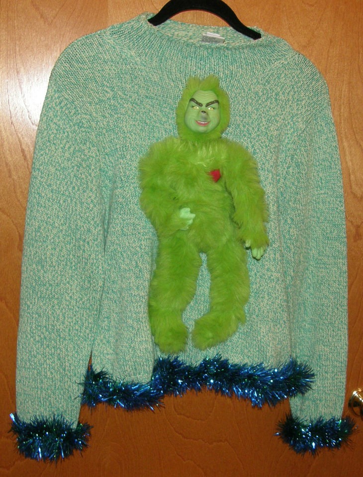 OOAK VERY UGLY , GAUDY THE GRINCH CHRISTMAS SWEATER. SZ. MEDIUM PETITE 