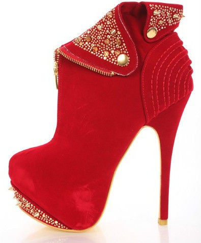 Alba Bridget Red Pu Suede Stud Cuffed 6 Platform Bootie Gold Sole 8.5 