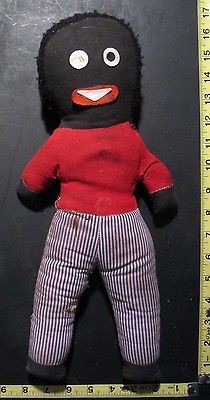 Vintage Golliwog Cloth Black Doll Made Blue Stripped Pants & Red Shirt