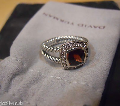   Sterling Silver 7mm PETITE ALBION GARNET & DIAMOND RING  Size 7 1/2