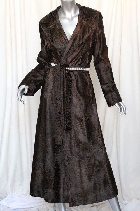 DENNIS BASSO+SAKS Brown RUSSIAN BROADTAIL LAMB FUR Long Belted Coat 