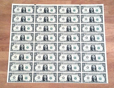 UNCUT SHEET OF 32   $1 BILLS NOTES DOLLARS MONEY CURRENCY UNC 