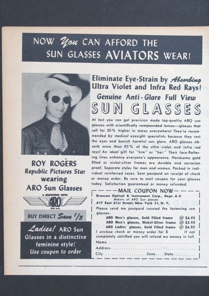 1946 BRONSON OPTICAL ARO Aviator Sun Glasses magazine Ad actor Roy 