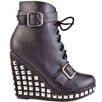 ABBEY DAWN Hell Yeah Black Silver Stud Wedge Booties Rock Punk Goth UK 