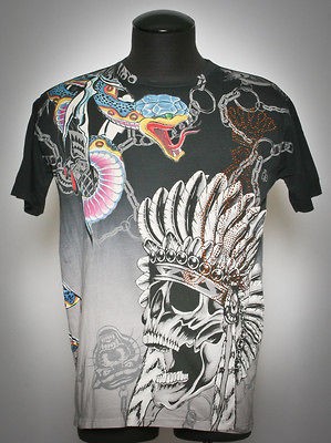 Mens Christian Audigier Ed Hardy Foil INDIAN Gray T Shirt M 