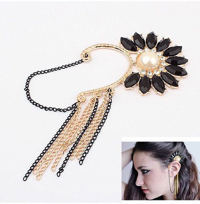 E1371 New Coming Metal Gold Black Chain Tassels Crystal Ear Cuff 