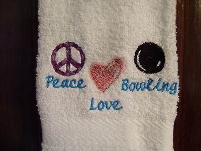 New Custom mach embroidered Bowling Towel Peace Love Bowling COOL