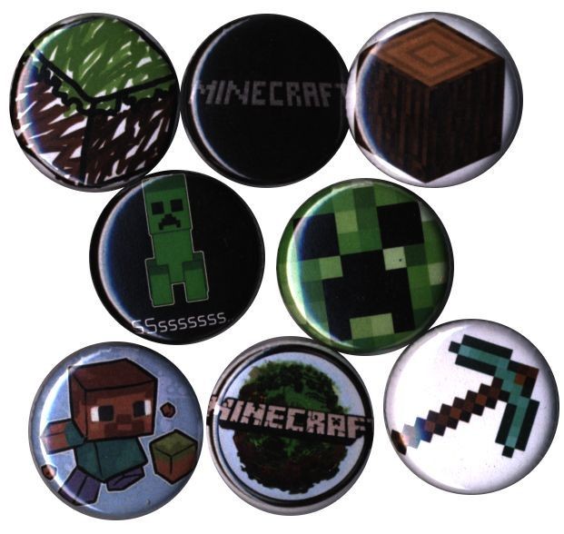 Minecraft Set of 8 Buttons Pins Badges w/ Creeper Mine Craft video 