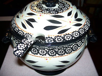 Temptations Old World Black Soup Large Tureen w/ Lid & LADLE Bakeware