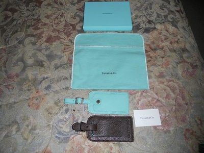 TIFFANY & CO BROWN & TIFFANY BLUE LUGGAGE TAGS WITH DUST COVER AND BOX