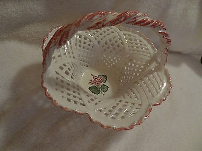   Handpainted Portugal Signed Donio White Lattice Handled Basket