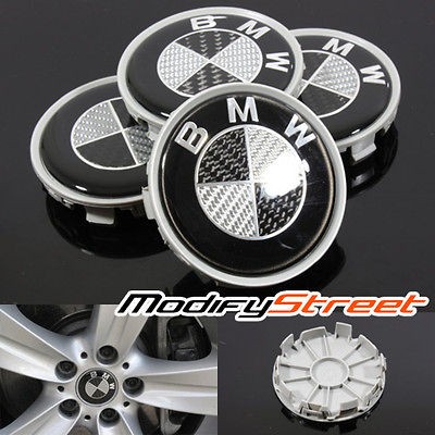 70mm BMW REAL CARBON FIBER BLACK/SILVER TIRE WHEEL CENTER HUB CAPS 