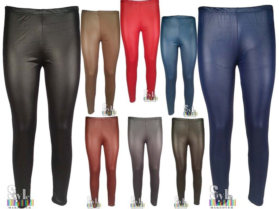 NEW WOMEN JEGGING PVC LEATHER WET LOOK SHINY BLACK COLOURED FULL 