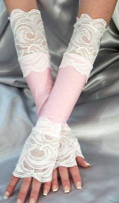 LONG BABY PINK SPANDEX FINGERLESS GLOVES WHITE LACE CUFFS MF705