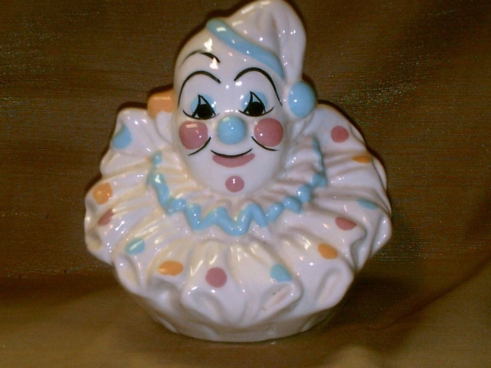 Vintage Pottery Clown Head Vase or Planter Baby Blue Yellow Pink Dots 