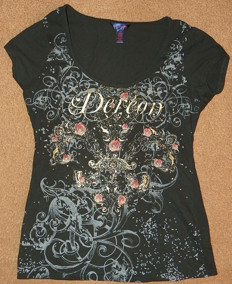 Womens Juniors Black DEREON By Beyonce TOP Shirt Size L Large Baby 