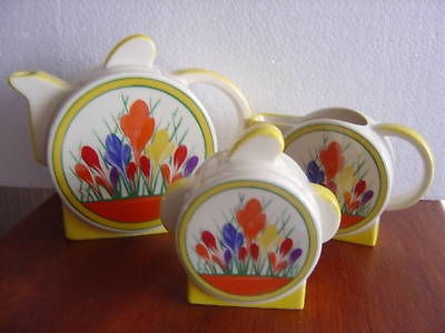 STAFFORDSHIRE MOORLAND DECO STYLE CROCUS PATTERN TEA POT SET