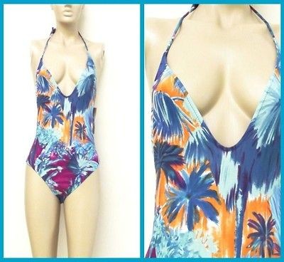   Anna Club Print Plunging Maillot Swimsuit NWT New sz M 44 Blue Palms