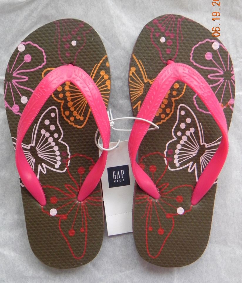 NEW GAP GIRLS BUTTERFLY PRINT BROWN FLIP FLOPS SIZE 10 11