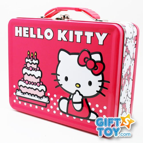 Sanrio Hello Kitty Pink Metal Tin Lunch Box  Birthday Cake