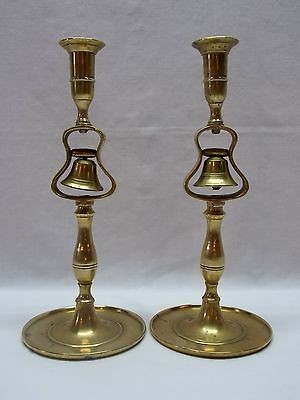   Pair Antique English Brass Tavern Bell Candlesticks / Candle Holders