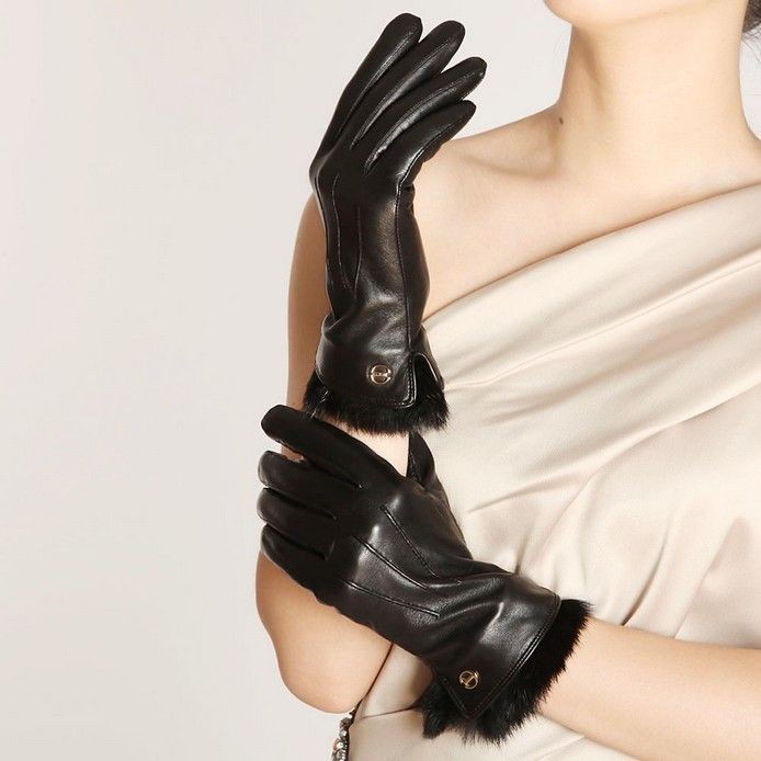 Supple Nappa Leather Gloves rabbit fur cuff Cashmere Lining Gold 