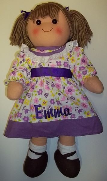 Rag Doll 16 LT Brunette Hair   Purple Floral Personalized Dress Sash 