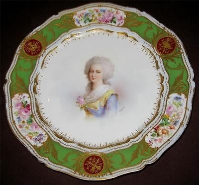 1844 Signed O. Brun Sevres Portrait Plate of Mm Elizabeth with Green 