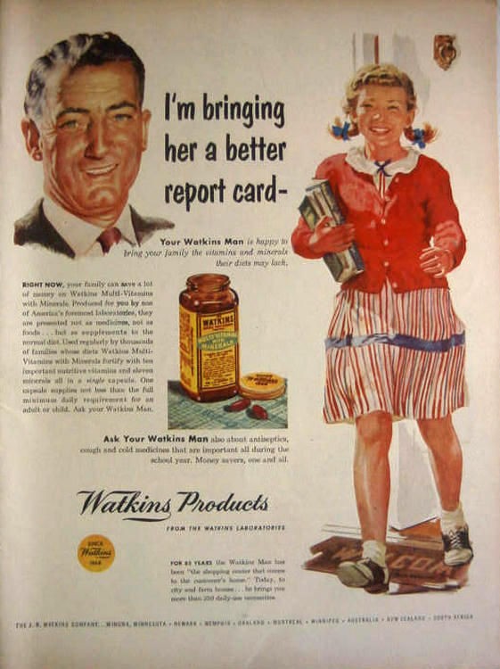 1953 WATKINS PRODUCTS   PAUL GERDING ART   MULTI VITAMINS AD