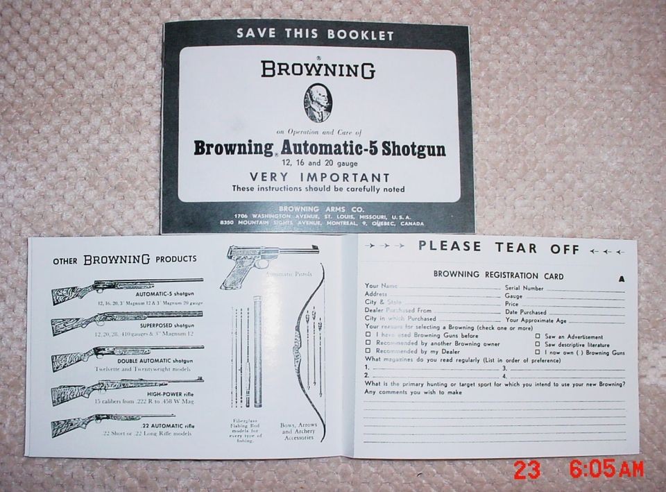 Browning A5 12,16,20 Gauge Shotgun Manual 1967 Date