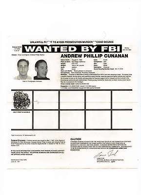 ORIGINAL ANDREW CUNANAN FBI WANTED POSTER **GIANNI VERSACE KILLER 