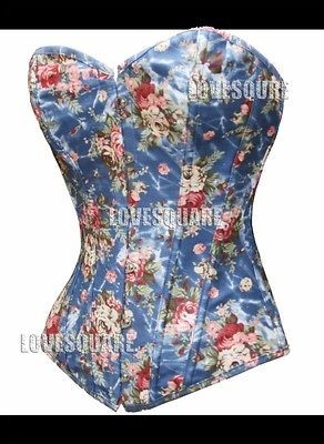 Blue Demin Floral Boned Overbust Bustier Corset S XL