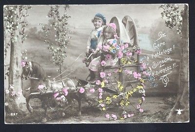 RPPC BELGIUM CHILDREN PONY DRAWN WAGON FLORAL TINTED VINTAGE REAL 