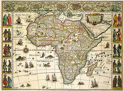 1630 MAP of AFRICA, Black History, Nice Detail, Color, Willem Blaeu 