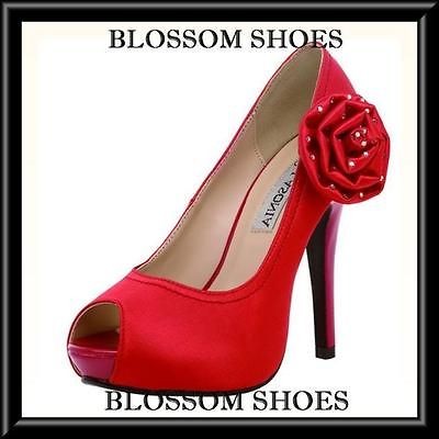 WOMEN SHOES RED PEEP TOE FLOWER DIAMANTE PUMP HIGH HEELS PARTY/EVENING 