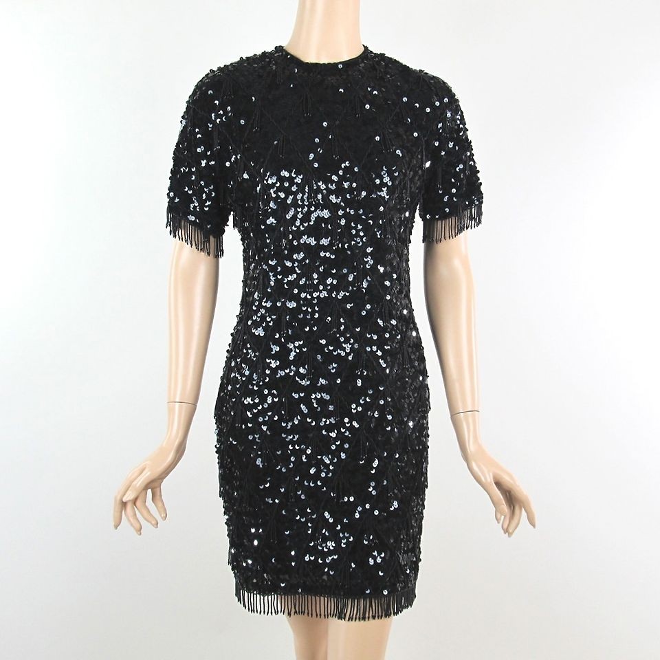 Vintage CASSINI Silk sequin Fringe Beaded mini Flapper Cocktail Party 