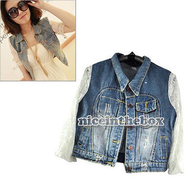 Women Turn Down Collar 3/4 Sleeve Short Denim + Lace Top Coat Jean 