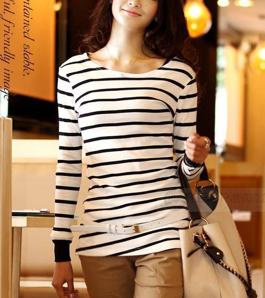 Womens Striped Cotton Long Sleeve T shirts Crew neck Casual T Shirt 