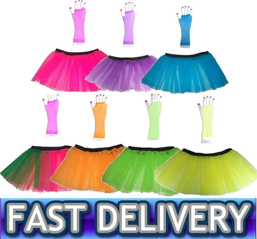 NEON UV TUTU + FISHNET GLOVES 1980S FANCY DRESS COSTUME