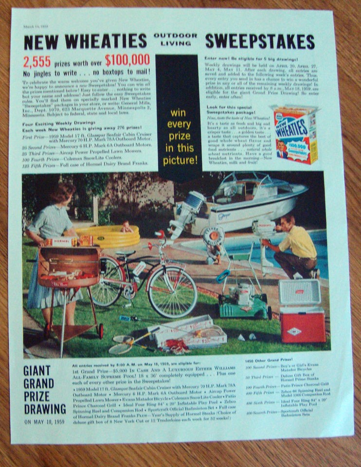   Sweepstake Ad Glasspar Seafair Cabin Cruiser Evans Matador Bicycle