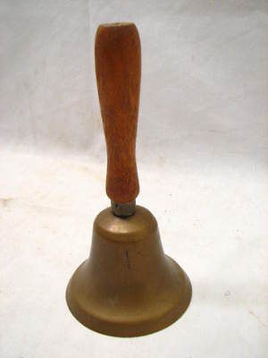   BRASS/BRONZE SCHOOL TEACHER DESK HAND BELL WOOD HANDLE IRON CLAPPER