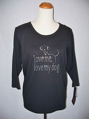 NWT Christine Alexander Blk Top Love Me Love My Dog Sz XL Swarovsky 