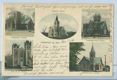 1906 CHURCHES, YANKTON, So. Dak. GLITTER POST CARD / BEN FRANKLIN 1 